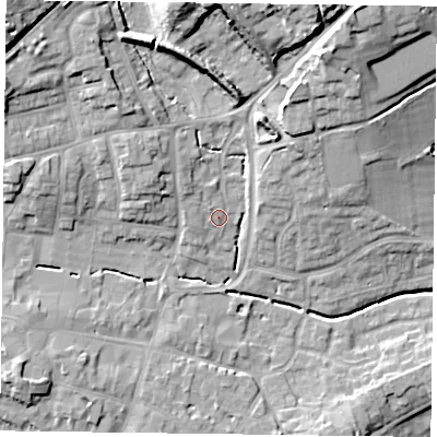 Shaded relief map of the ground around GU314AZ, computed from Environment Agency LiDAR. The ground here sits at about 63 m above sea level and falls 23 m across the surrounding 800 m. Surface water reaching this point runs off ground lying to the north-west, 2.3 m higher.