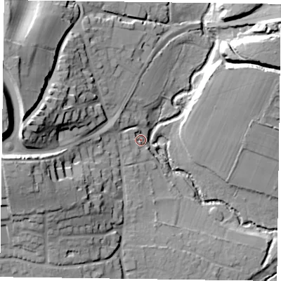 Shaded relief map of the ground around GU314DA, computed from Environment Agency LiDAR. The ground here sits at about 52 m above sea level and falls 37 m across the surrounding 800 m. Surface water reaching this point runs off ground lying to the west, 33.6 m higher.