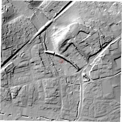 Shaded relief map of the ground around GU314FG, computed from Environment Agency LiDAR. The ground here sits at about 65 m above sea level and falls 25 m across the surrounding 800 m. Surface water reaching this point runs off ground lying to the west-north-west, 20.7 m higher.