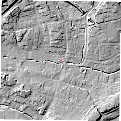 Shaded relief map of the ground around GU314FH, computed from Environment Agency LiDAR. The ground here sits at about 61 m above sea level and falls 29 m across the surrounding 800 m. Surface water reaching this point runs off ground lying to the north-west, 14.4 m higher.