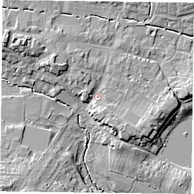 Shaded relief map of the ground around GU314JJ, computed from Environment Agency LiDAR. The ground here sits at about 61 m above sea level and falls 15 m across the surrounding 800 m. Surface water reaching this point runs off ground lying to the east-south-east, 5.6 m higher.
