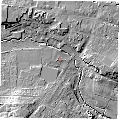 Shaded relief map of the ground around GU314JR, computed from Environment Agency LiDAR. The ground here sits at about 59 m above sea level and falls 18 m across the surrounding 800 m. Surface water reaching this point runs off ground lying to the west-south-west, 0.6 m higher.
