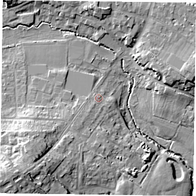 Shaded relief map of the ground around GU314JS, computed from Environment Agency LiDAR. The ground here sits at about 61 m above sea level and falls 21 m across the surrounding 800 m. Surface water reaching this point runs off ground lying to the south-west, 7.1 m higher.