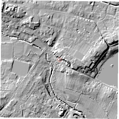 Shaded relief map of the ground around GU314JX, computed from Environment Agency LiDAR. The ground here sits at about 60 m above sea level and falls 16 m across the surrounding 800 m. Surface water reaching this point runs off ground lying to the east, 6.5 m higher.
