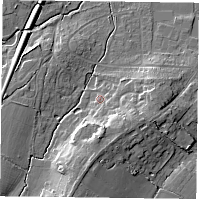 Shaded relief map of the ground around GU314LQ, computed from Environment Agency LiDAR. The ground here sits at about 66 m above sea level and falls 19 m across the surrounding 800 m. Surface water reaching this point runs off ground lying to the south-south-east, 10.8 m higher.