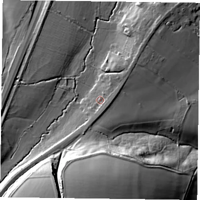 Shaded relief map of the ground around GU314LR, computed from Environment Agency LiDAR. The ground here sits at about 73 m above sea level and falls 41 m across the surrounding 800 m. Surface water reaching this point runs off ground lying to the east-south-east, 3.4 m higher.