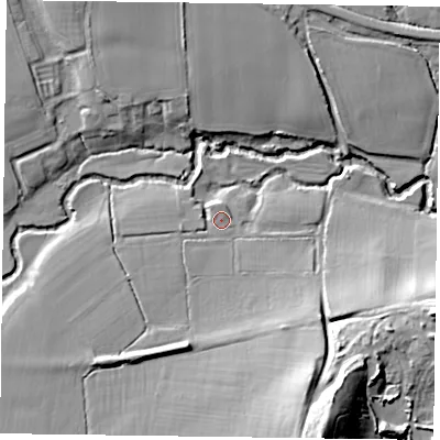 Shaded relief map of the ground around GU315AZ, computed from Environment Agency LiDAR. The ground here sits at about 46 m above sea level and falls 30 m across the surrounding 800 m. Surface water reaching this point runs off ground lying to the south-south-east, 14.6 m higher.