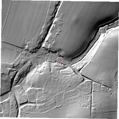 Shaded relief map of the ground around GU315BD, computed from Environment Agency LiDAR. The ground here sits at about 66 m above sea level and falls 28 m across the surrounding 800 m. Surface water reaching this point runs off ground lying to the south-south-east, 21.3 m higher.