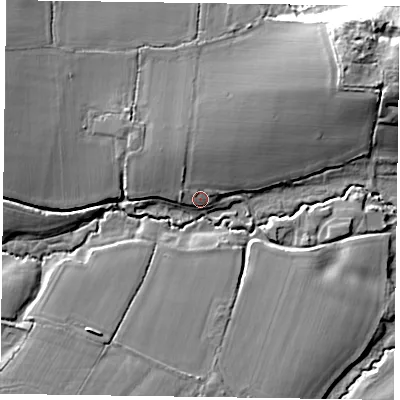 Shaded relief map of the ground around GU315JN, computed from Environment Agency LiDAR. The ground here sits at about 38 m above sea level and falls 24 m across the surrounding 800 m. Surface water reaching this point runs off ground lying to the north-north-west, 4.6 m higher.