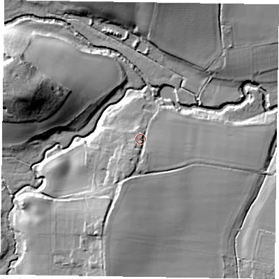 Shaded relief map of the ground around GU315JT, computed from Environment Agency LiDAR. The ground here sits at about 39 m above sea level and falls 26 m across the surrounding 800 m. Surface water reaching this point runs off ground lying to the south-south-west, 5.3 m higher.