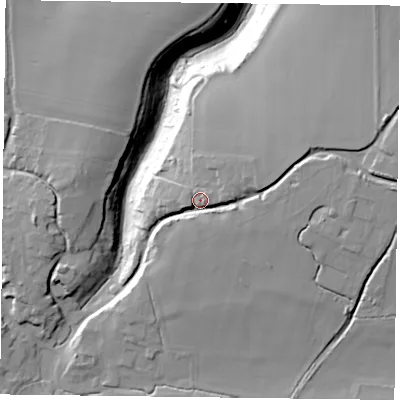 Shaded relief map of the ground around GU315RS, computed from Environment Agency LiDAR. The ground here sits at about 88 m above sea level and falls 29 m across the surrounding 800 m. Surface water reaching this point runs off ground lying to the east, 9.5 m higher.