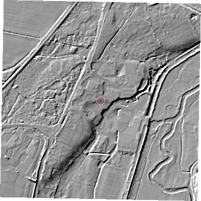 Shaded relief map of the ground around GU31AF, computed from Environment Agency LiDAR. The ground here sits at about 37 m above sea level and falls 8 m across the surrounding 800 m. Surface water reaching this point runs off ground lying to the south-west, 2.6 m higher.