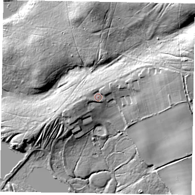 Shaded relief map of the ground around GU31BG, computed from Environment Agency LiDAR. The ground here sits at about 70 m above sea level and falls 57 m across the surrounding 800 m. Surface water reaching this point runs off ground lying to the north-east, 3.0 m higher.