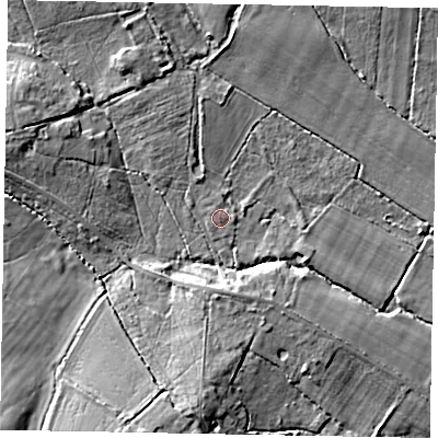 Shaded relief map of the ground around GU31JA, computed from Environment Agency LiDAR. The ground here sits at about 50 m above sea level and falls 13 m across the surrounding 800 m. Surface water reaching this point runs off ground lying to the north-north-west, 1.5 m higher.