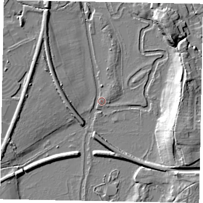 Shaded relief map of the ground around GU31LQ, computed from Environment Agency LiDAR. The ground here sits at about 33 m above sea level and falls 16 m across the surrounding 800 m. Surface water reaching this point runs off ground lying to the north-west, 7.4 m higher.