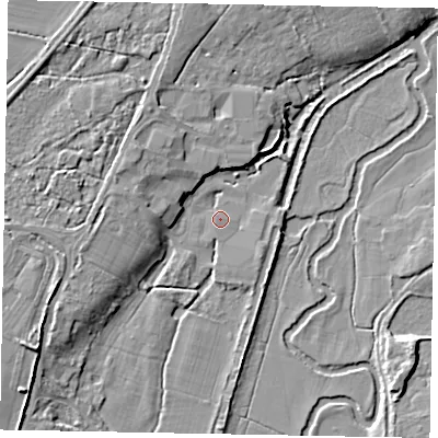 Shaded relief map of the ground around GU31LZ, computed from Environment Agency LiDAR. The ground here sits at about 34 m above sea level and falls 8 m across the surrounding 800 m. Surface water reaching this point runs off ground lying to the south-east, 2.0 m higher.