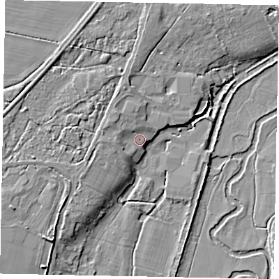 Shaded relief map of the ground around GU31NA, computed from Environment Agency LiDAR. The ground here sits at about 36 m above sea level and falls 8 m across the surrounding 800 m. Surface water reaching this point runs off ground lying to the west-south-west, 3.0 m higher.