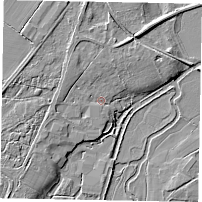 Shaded relief map of the ground around GU31NB, computed from Environment Agency LiDAR. The ground here sits at about 36 m above sea level and falls 8 m across the surrounding 800 m. Surface water reaching this point runs off ground lying to the north-west, 3.9 m higher.