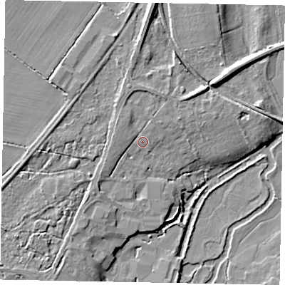 Shaded relief map of the ground around GU31ND, computed from Environment Agency LiDAR. The ground here sits at about 37 m above sea level and falls 10 m across the surrounding 800 m. Surface water reaching this point runs off ground lying to the north-west, 1.7 m higher.