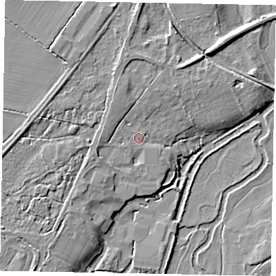Shaded relief map of the ground around GU31NJ, computed from Environment Agency LiDAR. The ground here sits at about 37 m above sea level and falls 8 m across the surrounding 800 m. Surface water reaching this point runs off ground lying to the north-north-west, 2.6 m higher.