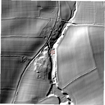 Shaded relief map of the ground around GU321EZ, computed from Environment Agency LiDAR. The ground here sits at about 114 m above sea level and falls 19 m across the surrounding 800 m. Surface water reaching this point runs off ground lying to the east, 13.1 m higher.