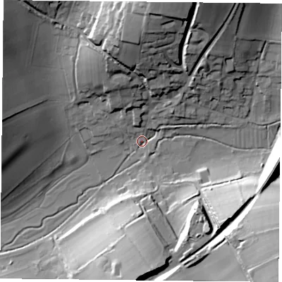 Shaded relief map of the ground around GU321JG, computed from Environment Agency LiDAR. The ground here sits at about 79 m above sea level and falls 44 m across the surrounding 800 m. Surface water reaching this point runs off ground lying to the north-north-east, 33.6 m higher.