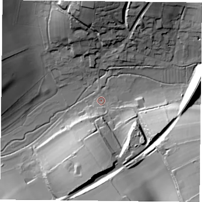Shaded relief map of the ground around GU321JJ, computed from Environment Agency LiDAR. The ground here sits at about 79 m above sea level and falls 48 m across the surrounding 800 m. Surface water reaching this point runs off ground lying to the south-east, 45.2 m higher.