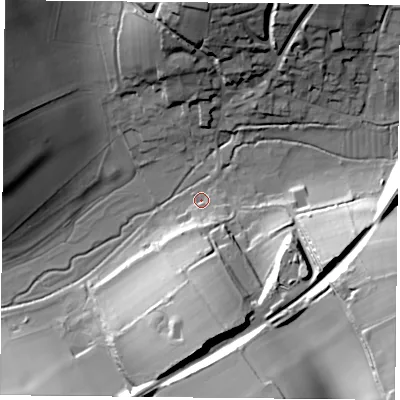 Shaded relief map of the ground around GU321JL, computed from Environment Agency LiDAR. The ground here sits at about 79 m above sea level and falls 45 m across the surrounding 800 m. Surface water reaching this point runs off ground lying to the south-east, 42.8 m higher.