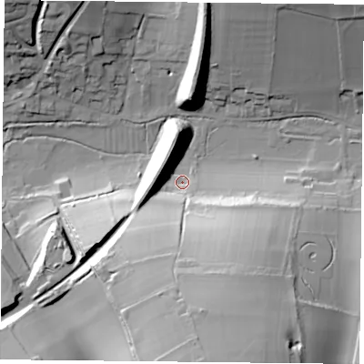 Shaded relief map of the ground around GU321LT, computed from Environment Agency LiDAR. The ground here sits at about 84 m above sea level and falls 50 m across the surrounding 800 m. Surface water reaching this point runs off ground lying to the south, 39.3 m higher.