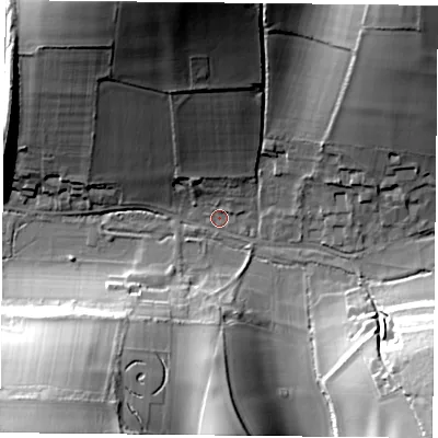Shaded relief map of the ground around GU321LX, computed from Environment Agency LiDAR. The ground here sits at about 83 m above sea level and falls 41 m across the surrounding 800 m. Surface water reaching this point runs off ground lying to the north-north-west, 32.8 m higher.