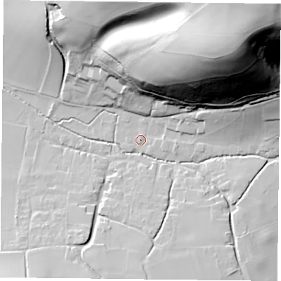 Shaded relief map of the ground around GU321NH, computed from Environment Agency LiDAR. The ground here sits at about 106 m above sea level and falls 94 m across the surrounding 800 m. Surface water reaching this point runs off ground lying to the south, 14.1 m higher.