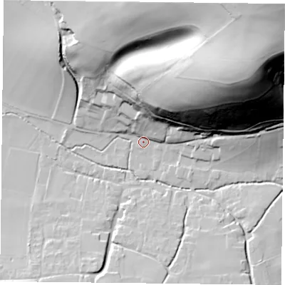 Shaded relief map of the ground around GU321NL, computed from Environment Agency LiDAR. The ground here sits at about 105 m above sea level and falls 99 m across the surrounding 800 m. Surface water reaching this point runs off ground lying to the north-east, 82.7 m higher.