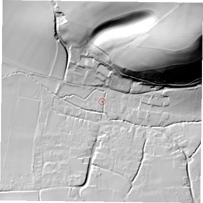 Shaded relief map of the ground around GU321NN, computed from Environment Agency LiDAR. The ground here sits at about 105 m above sea level and falls 97 m across the surrounding 800 m. Surface water reaching this point runs off ground lying to the north-east, 91.3 m higher.