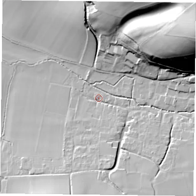 Shaded relief map of the ground around GU321PF, computed from Environment Agency LiDAR. The ground here sits at about 105 m above sea level and falls 84 m across the surrounding 800 m. Surface water reaching this point runs off ground lying to the south, 10.8 m higher.