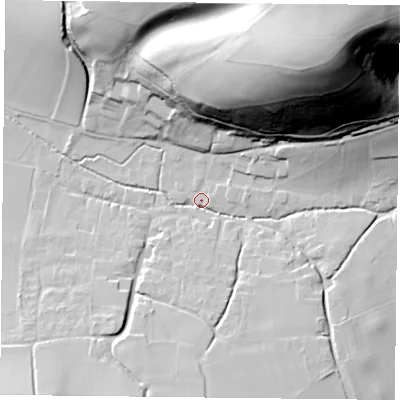 Shaded relief map of the ground around GU321PT, computed from Environment Agency LiDAR. The ground here sits at about 106 m above sea level and falls 93 m across the surrounding 800 m. Surface water reaching this point runs off ground lying to the south, 14.9 m higher.