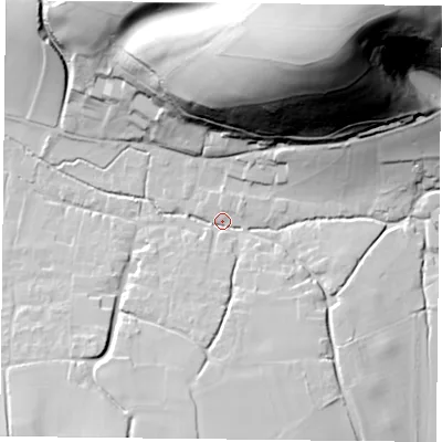 Shaded relief map of the ground around GU321PX, computed from Environment Agency LiDAR. The ground here sits at about 106 m above sea level and falls 92 m across the surrounding 800 m. Surface water reaching this point runs off ground lying to the north-north-east, 88.4 m higher.