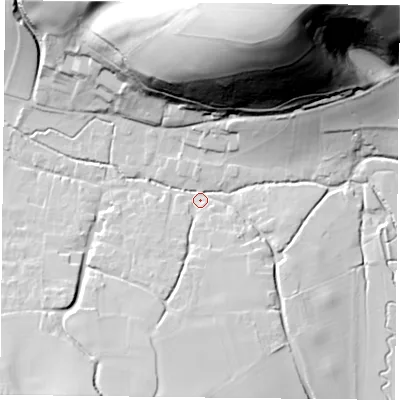 Shaded relief map of the ground around GU321QA, computed from Environment Agency LiDAR. The ground here sits at about 107 m above sea level and falls 90 m across the surrounding 800 m. Surface water reaching this point runs off ground lying to the north-north-east, 88.3 m higher.