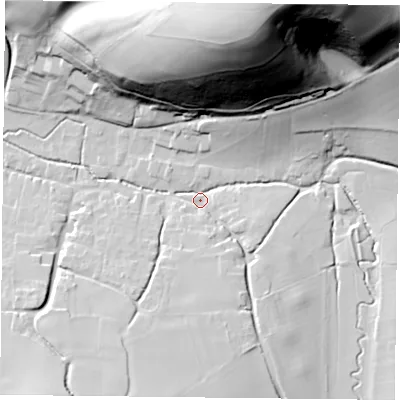 Shaded relief map of the ground around GU321QB, computed from Environment Agency LiDAR. The ground here sits at about 107 m above sea level and falls 90 m across the surrounding 800 m. Surface water reaching this point runs off ground lying to the north-north-east, 88.1 m higher.