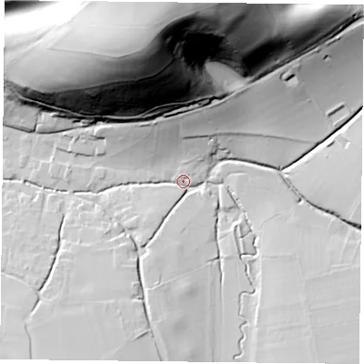 Shaded relief map of the ground around GU321QG, computed from Environment Agency LiDAR. The ground here sits at about 106 m above sea level and falls 91 m across the surrounding 800 m. Surface water reaching this point runs off ground lying to the north, 90.4 m higher.