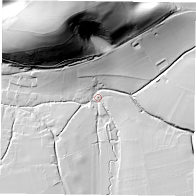 Shaded relief map of the ground around GU321QH, computed from Environment Agency LiDAR. The ground here sits at about 107 m above sea level and falls 92 m across the surrounding 800 m. Surface water reaching this point runs off ground lying to the north-north-west, 90.5 m higher.