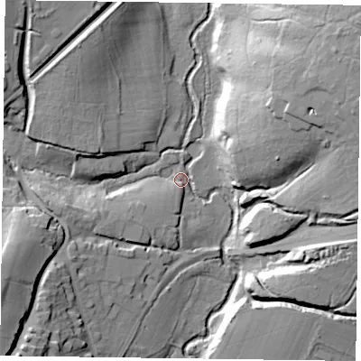 Shaded relief map of the ground around GU322AJ, computed from Environment Agency LiDAR. The ground here sits at about 51 m above sea level and falls 36 m across the surrounding 800 m. Surface water reaching this point runs off ground lying to the north-east, 34.4 m higher.