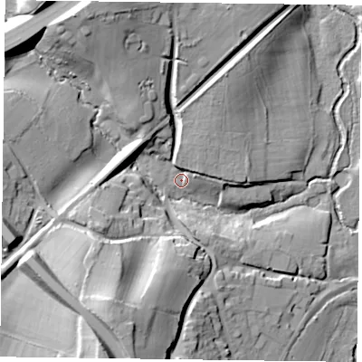 Shaded relief map of the ground around GU322AW, computed from Environment Agency LiDAR. The ground here sits at about 54 m above sea level and falls 35 m across the surrounding 800 m. Surface water reaching this point runs off ground lying to the north-north-east, 8.4 m higher.