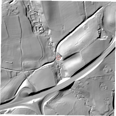 Shaded relief map of the ground around GU322DA, computed from Environment Agency LiDAR. The ground here sits at about 60 m above sea level and falls 29 m across the surrounding 800 m. Surface water reaching this point runs off ground lying to the south-west, 24.9 m higher.