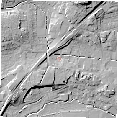 Shaded relief map of the ground around GU323AQ, computed from Environment Agency LiDAR. The ground here sits at about 64 m above sea level and falls 29 m across the surrounding 800 m. Surface water reaching this point runs off ground lying to the north-north-east, 22.9 m higher.