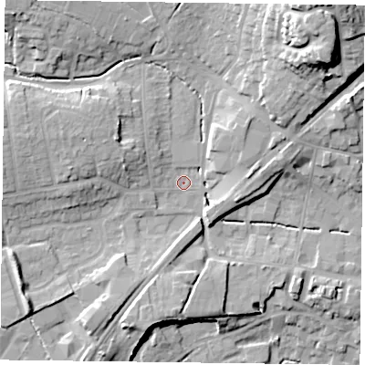 Shaded relief map of the ground around GU323AS, computed from Environment Agency LiDAR. The ground here sits at about 65 m above sea level and falls 29 m across the surrounding 800 m. Surface water reaching this point runs off ground lying to the west-north-west, 8.1 m higher.