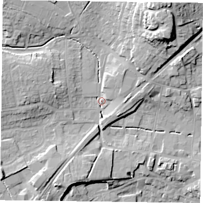 Shaded relief map of the ground around GU323AW, computed from Environment Agency LiDAR. The ground here sits at about 66 m above sea level and falls 28 m across the surrounding 800 m. Surface water reaching this point runs off ground lying to the north-north-east, 22.9 m higher.
