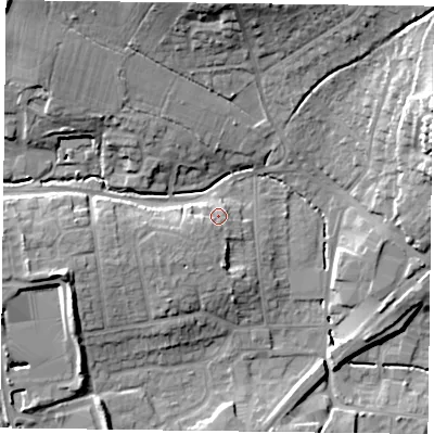 Shaded relief map of the ground around GU323BL, computed from Environment Agency LiDAR. The ground here sits at about 69 m above sea level and falls 22 m across the surrounding 800 m. Surface water reaching this point runs off ground lying to the south-west, 3.7 m higher.