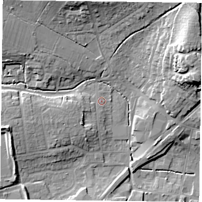 Shaded relief map of the ground around GU323BW, computed from Environment Agency LiDAR. The ground here sits at about 67 m above sea level and falls 25 m across the surrounding 800 m. Surface water reaching this point runs off ground lying to the west-south-west, 5.0 m higher.