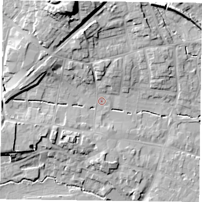 Shaded relief map of the ground around GU323DY, computed from Environment Agency LiDAR. The ground here sits at about 63 m above sea level and falls 29 m across the surrounding 800 m. Surface water reaching this point runs off ground lying to the north-north-west, 11.8 m higher.