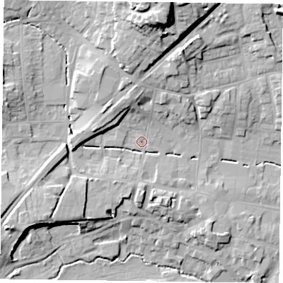 Shaded relief map of the ground around GU323EH, computed from Environment Agency LiDAR. The ground here sits at about 63 m above sea level and falls 29 m across the surrounding 800 m. Surface water reaching this point runs off ground lying to the north, 23.9 m higher.